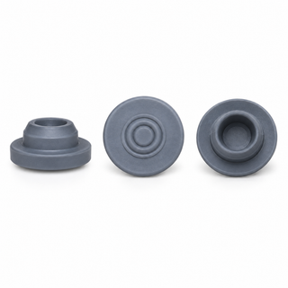 20 mm molded grey butyl injection stoppers shown from three angles