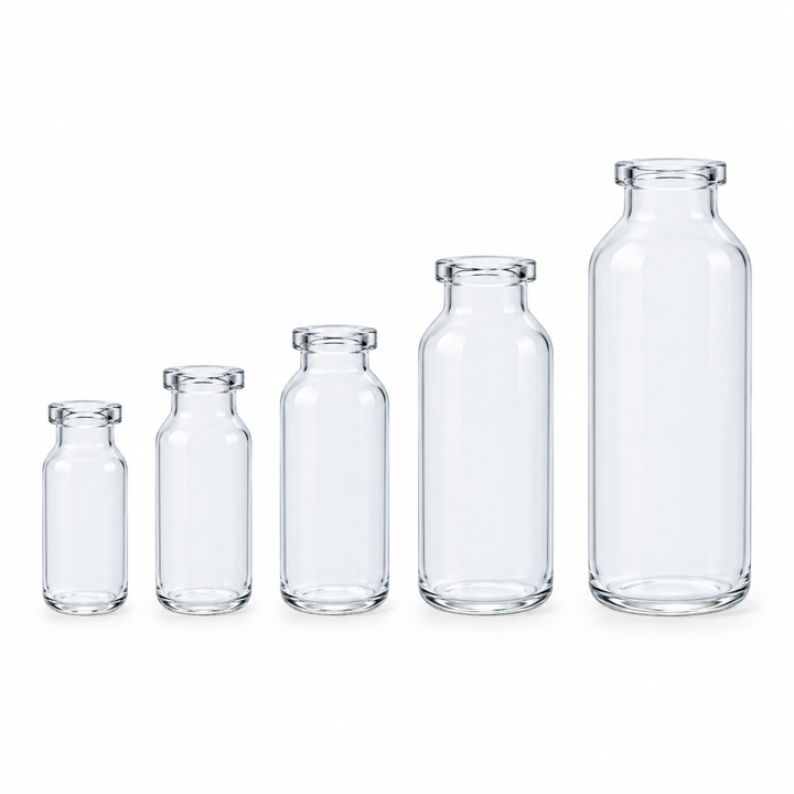 Molded clear glass 20 mm crimp headspace vials in 10 to 100 mL sizes