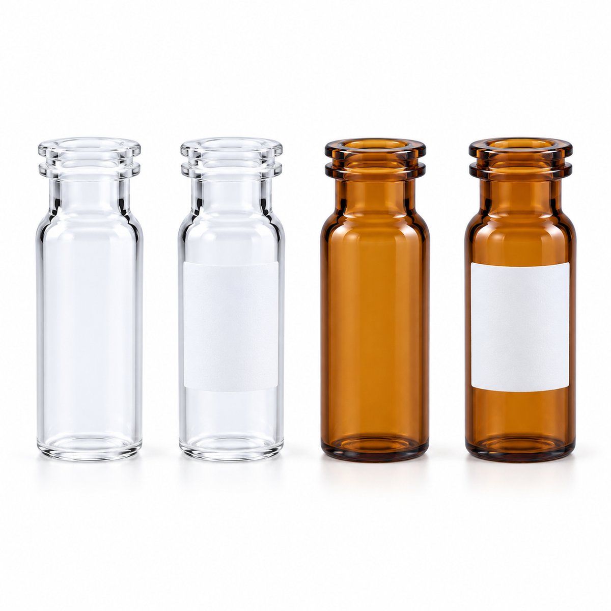 Clear and amber 2 mL wide-opening 11 mm snap vials with and without write-on patches