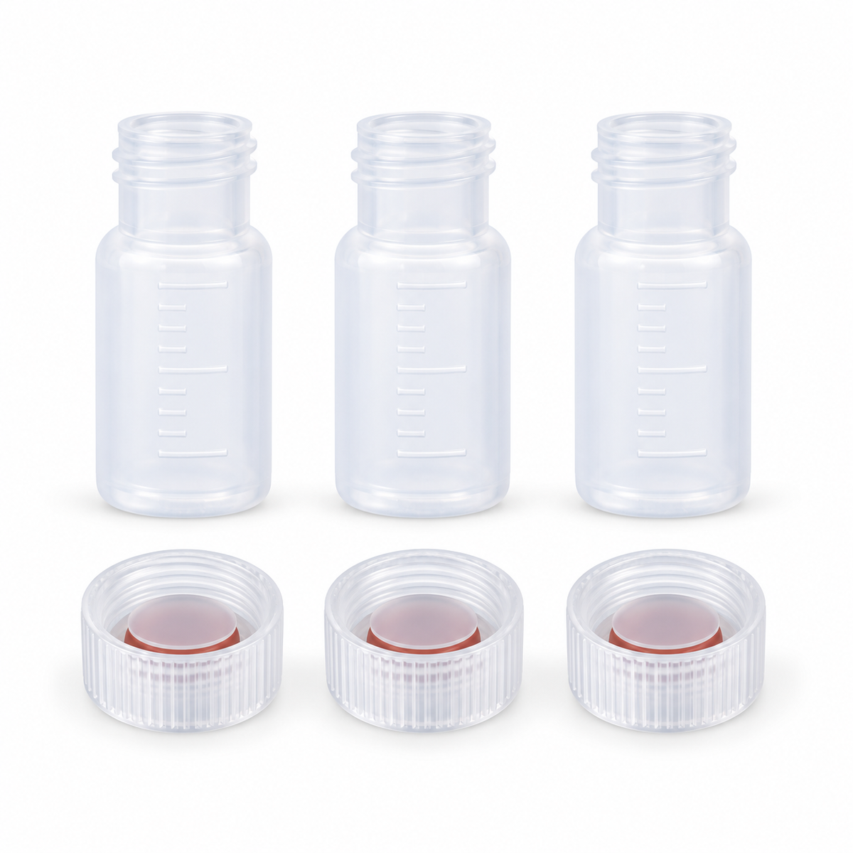 Transparent graduated 2 mL polypropylene vials with clear 9-425 caps and red silicone septa