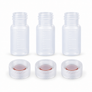 Transparent graduated 2 mL polypropylene vials with clear 9-425 caps and red silicone septa