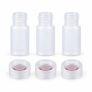 Transparent graduated 2 mL polypropylene vials with clear 9-425 caps and red silicone septa