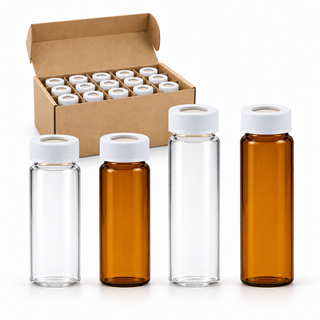 Clear and amber 40 mL and 60 mL glass vials with white 24-414 open-top caps and septa, with divider pack