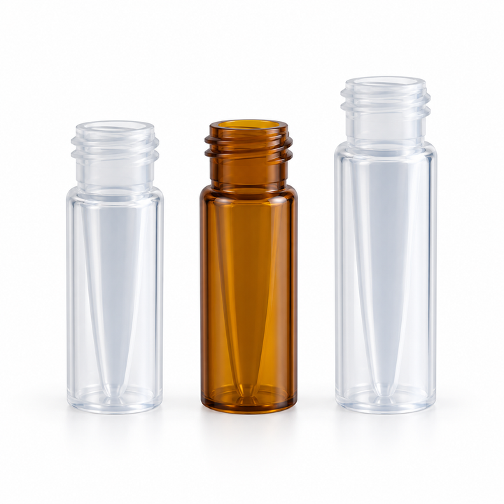 Transparent and amber 9-425 polypropylene micro-vials in 0.3 mL and 0.7 mL sizes