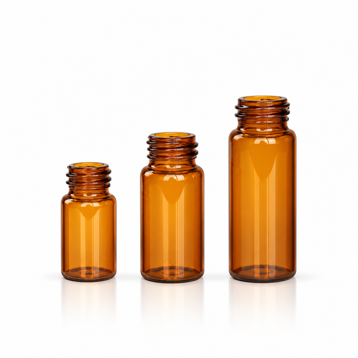 Amber glass storage vials in three small capacities
