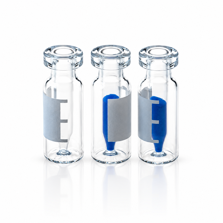 Representative clear 11 mm crimp micro-vials with internal inserts
