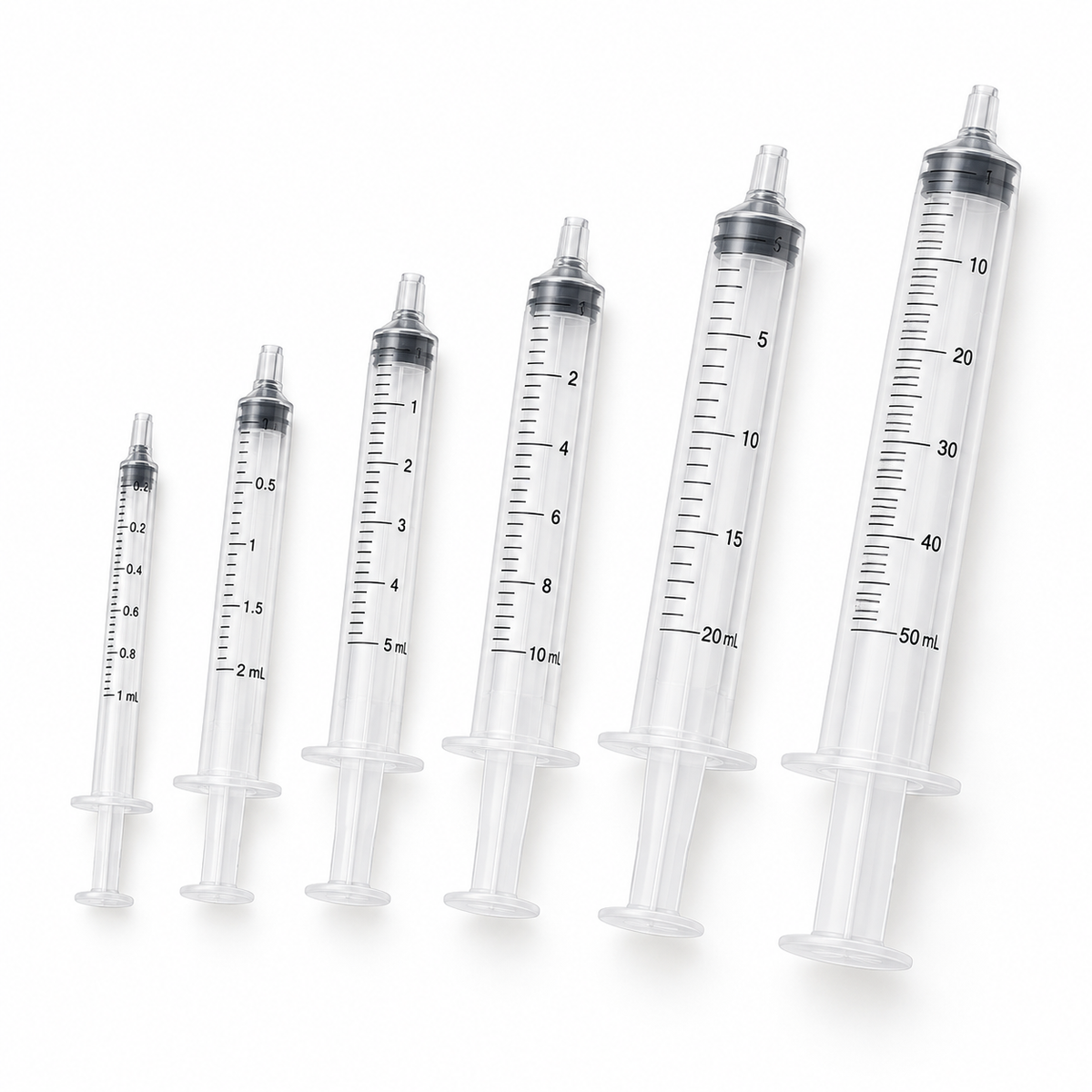 Disposable HPLC laboratory syringes in 1 mL to 50 mL sizes