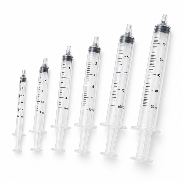 Disposable HPLC laboratory syringes in 1 mL to 50 mL sizes