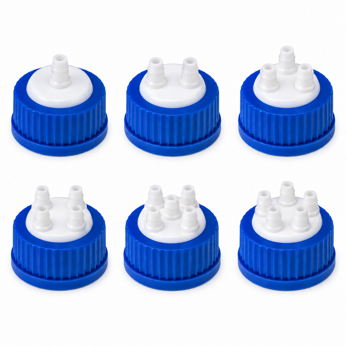 Blue GL45 solvent safety caps with multiple white tubing-port configurations