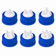 Blue GL45 solvent safety caps with multiple white tubing-port configurations