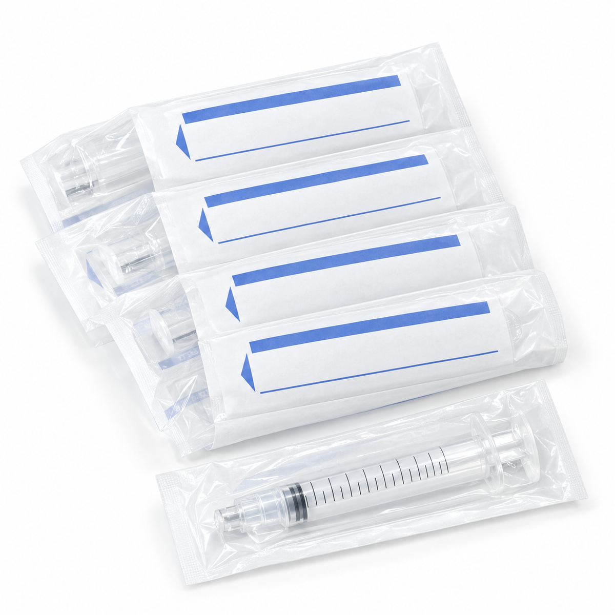Representative individually wrapped sterile laboratory syringes