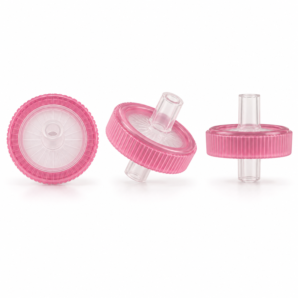 Pink economy PTFE syringe filters with clear Luer connections