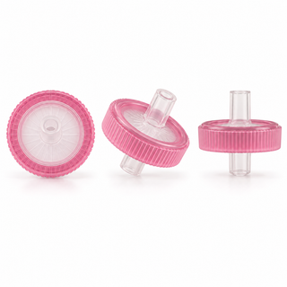 Pink economy PTFE syringe filters with clear Luer connections