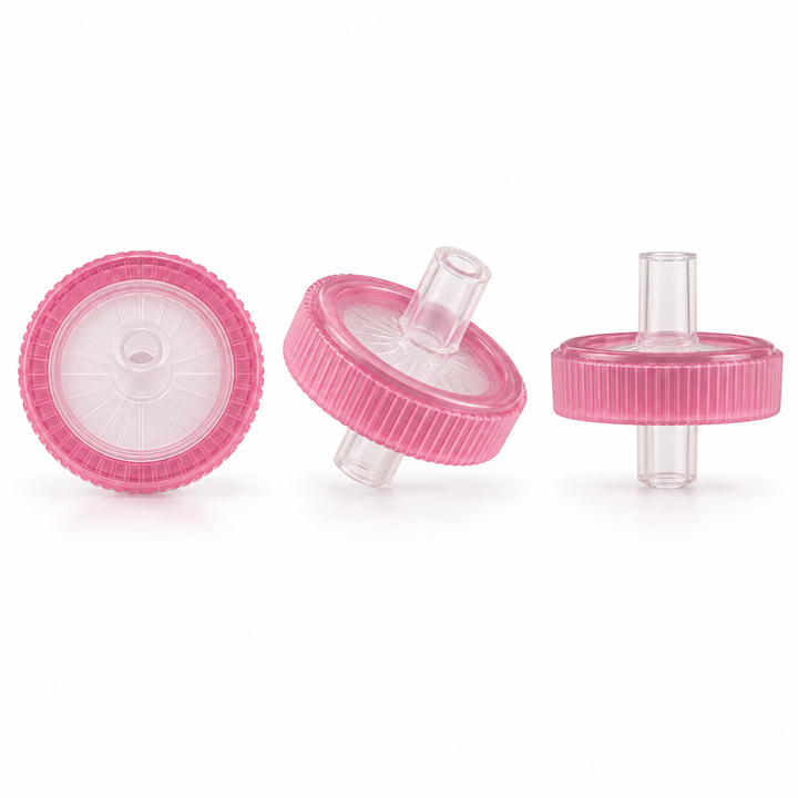 Pink economy PTFE syringe filters with clear Luer connections