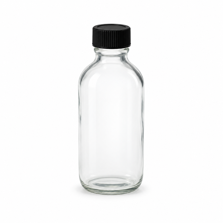 Safety-coated clear Boston round glass bottle