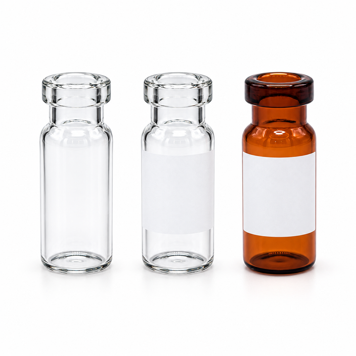 2 mL ND11 crimp autosampler vials in clear labelled and amber options on a pure white background