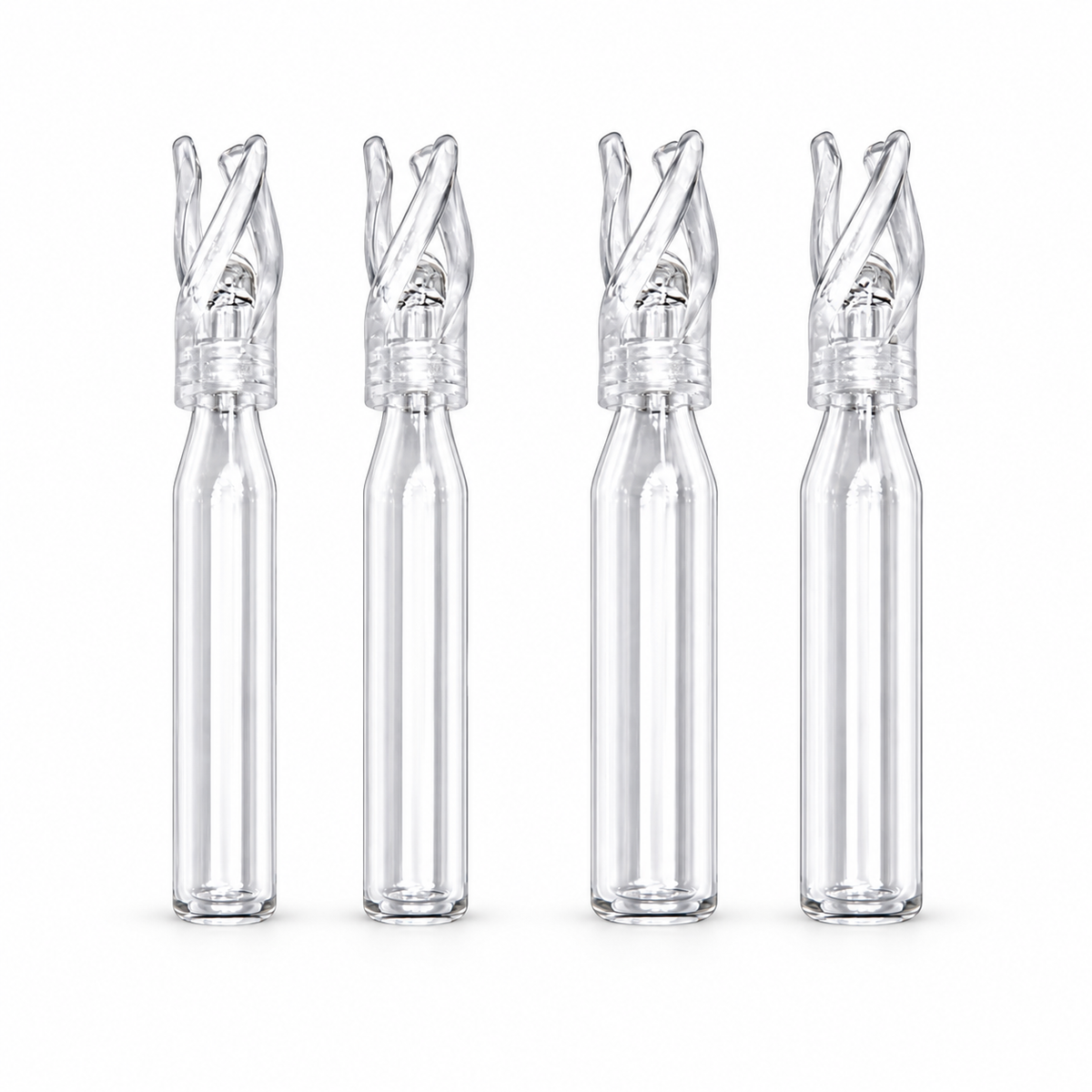 Clear glass vial micro-inserts on a pure white background