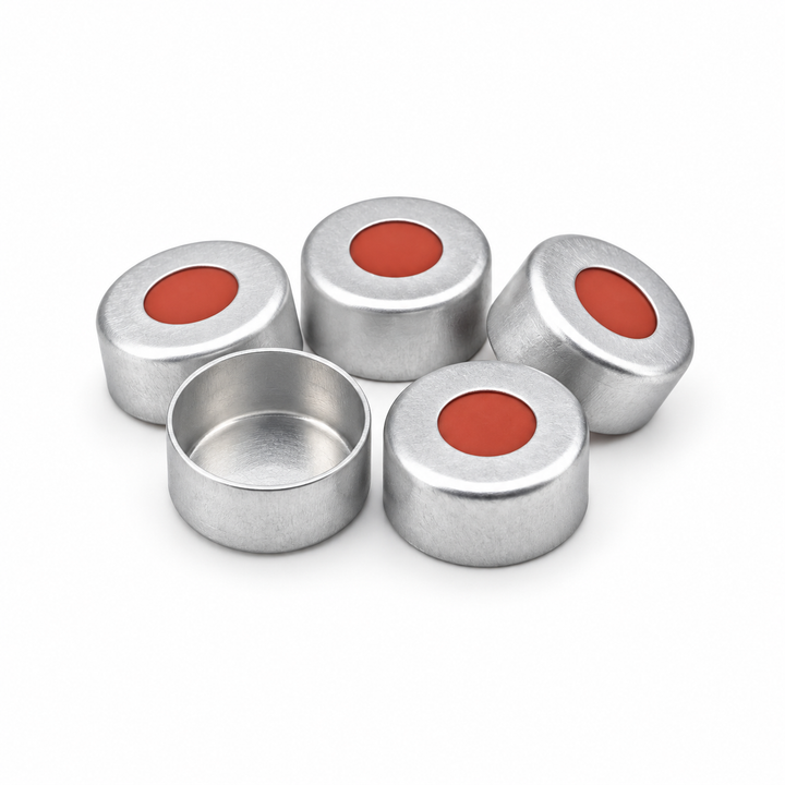 11mm silver aluminium crimp caps with PTFE silicone septa on a pure white background