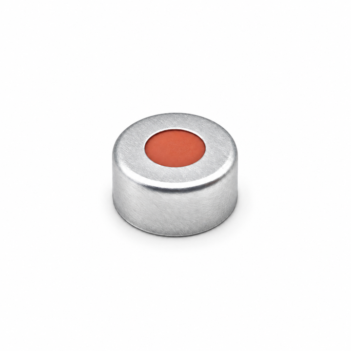 11 mm silver aluminium crimp cap with red-orange septum on a pure white background