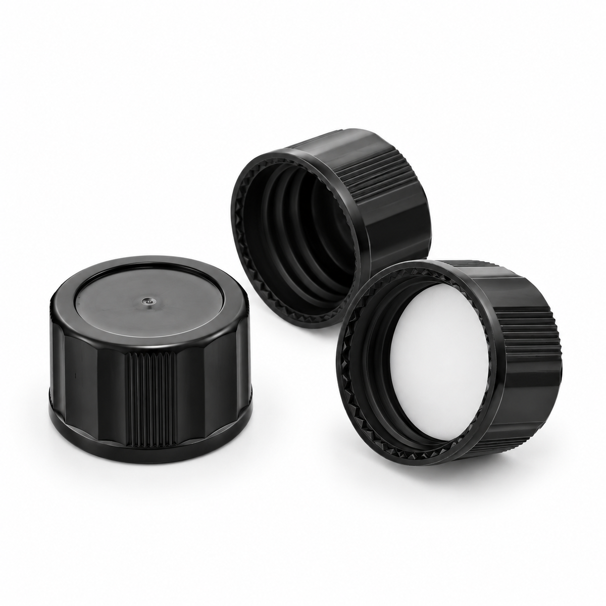 Black 18-400 closed-top PP caps with PTFE silicone septa on a pure white background