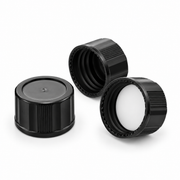Black 18-400 closed-top PP caps with PTFE silicone septa on a pure white background