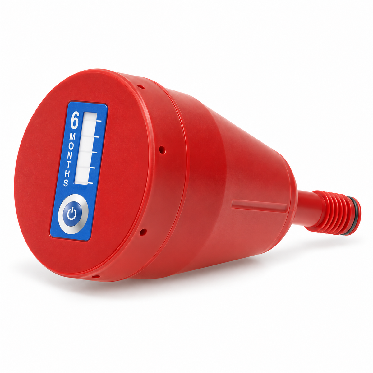 Red activated-carbon solvent waste exhaust filter with six-month service-life indicator on a pure white background