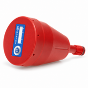 Red activated-carbon solvent waste exhaust filter with six-month service-life indicator on a pure white background