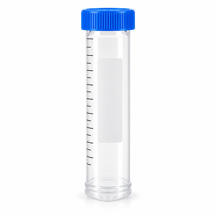 50 mL sterile conical centrifuge tube with blue plug-seal cap on a pure white background