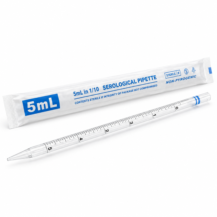 5 mL sterile serological pipette on a pure white background