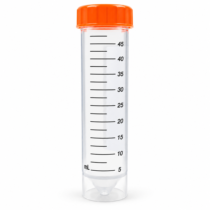 50 mL sterile self-standing centrifuge tube with orange screw cap on a pure white background